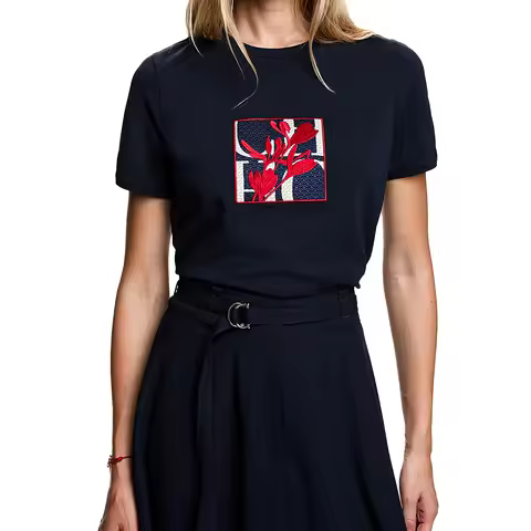 CH Floral Embroidery Patch T Shirt Classic Crew Neck Short Sleeve Casual Tee For Daily Wear And Spec