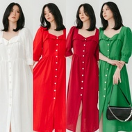 Midi Dress Wanita Natal Imlek Merah Hijau Putih Busui Friendly