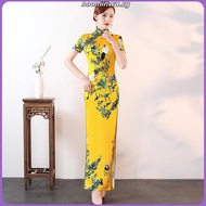 Vietnam Traditional Aodai Cheongsam Flower Print Women Performance Evening Party Dress