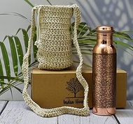 India House Handmade Engraved 100% Pure Copper Bottle with Macrame Pouch/Water Bottle/Gift/1000ml