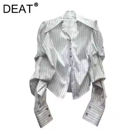 DEAT Women's Shirt Slim Striped Pleated Long Sleeve Design Waist Single Breasted Elegant Blouse Summ
