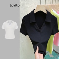 Lovito Casual T-Shirt Plain Short Sleeves Polo V-Neck T-Shirt for Women LNE02179  (Multi-color)