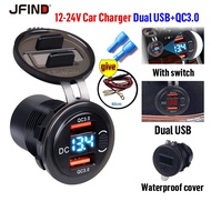[Local Stock]12V 24V Dual USB QC3.0 Car Charger Cigarette Lighter Socket Waterproof USB Fast Charger