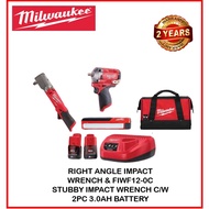 MILWAUKEE COMBO SET M12 FRAIWF12-0 1/2" RIGHT ANGLE IMPACT WRENCH &amp; FIWF12-0C STUBBY IMPACT WRENCH C/W 2PC 3.0AH BATTERY