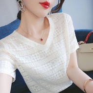 Lace Top Women Tshirt Korean Style Fashion Simple V Neck T Shirt Summer Short Sleeve White Tops