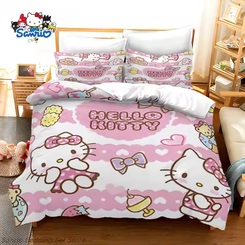 Sanrio Hello Kitty Bedding Set Kawaii Hello Kitty Duvet Cover with Pillowcases Single Double Queen K