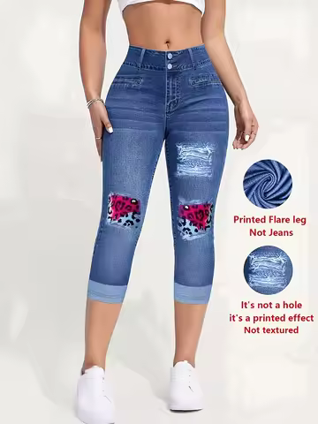 Popular Summer 7 Points Cropped Pants Ladies Imitation Denim Print Skinny Leggings Stretch Soft Tigh
