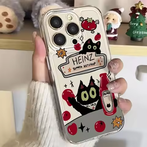Tomato Sauce Black Cat Soft Phone Case For IPhone 16 16e 15 14 13 12 11 Pro Max 7 8 XR XS Transparen
