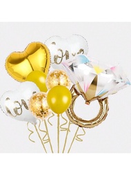 9入組情人節愛情告白求婚裝飾氣球，大型玫瑰金鑽石戒指和心型氣球套裝，用於婚禮裝飾