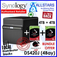 Synology DS420J 4 Bay Diskstation NAS - Seagate Ironwolf 4TB x 2units  (Realtek Quad Core 1.4GHz / 1GB DDR4)