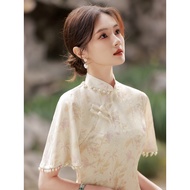 Chinese Style Disc Button Short-Sleeved Gold Stamping Elegant Dress Cheongsam