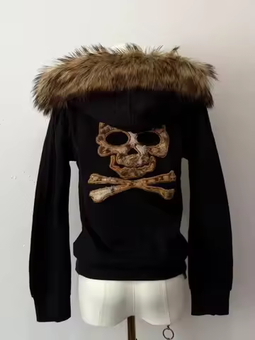 Y2K Goth Fur Collar Hooded Zipper Jacket Harajuku Skull Graphic Embroidery Slim Hoodie Autumn Winter
