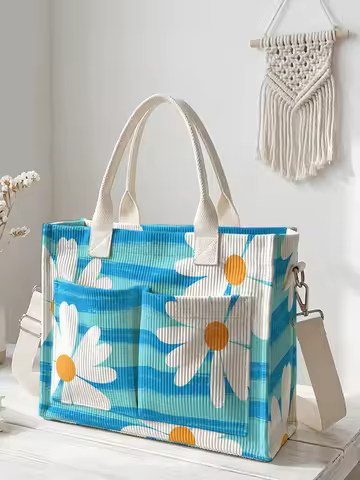 Blue Stripe Daisy Print Corduroy Tote Bag Large Capacity Multi Pocket Floral Lover Commuter Shoulder