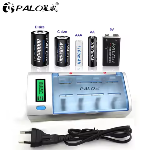 PALO Multifunction Smart Battery Charger For 1.2V Ni-MH AA AAA C D Size 9V Rechargeable Battery 8 Sl