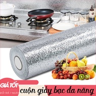 Cuộn Giấy bạc dán bếp dài 3m - Cuộn decal giấy bạc dán bếp tráng nhôm cách nhiệt ô vuông bạc khổ 3m