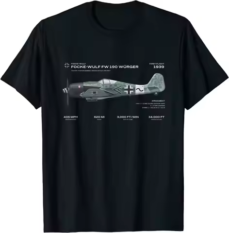 Luftwaffe War Bird WWII German Focke Wulf Fw 190 Fighter Aircraft T Shirt Short Sleeve Casual 100% C