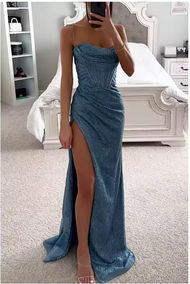 Gaun Elegan Dress V-Neck Off Shoulder Maxi Dress Payet Lipit Pinggang Ketat Gaun Malam Pesta Seksi B