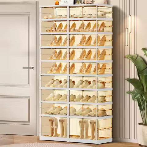 9 Tier Foldable Shoe Rack for 18-36 Pairs Stackable Clear Shoe Storage Boxes with Door Tall Plastic 