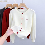 YUJIN Women Cardigan, Bow Embroidery Solid Color Knit Cardigan, Elegant Heart-shaped Button Knit Out