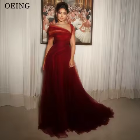 OEING Elegant A-Line Prom Dress Burgundy Off Shoulder Draped Pleated Floor Length Gala Evening Dress