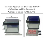 Mini Glass Aquarium Set (8"x6"x7") c/w Blue Background &amp; Top Glass Cover