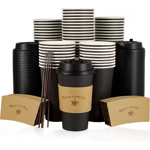 Paper Coffee Cups – 100 Pack 16 oz Black Disposable Cups with Lids, Sleeves & Stir Sticks – To Go