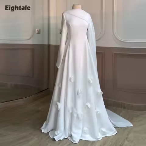 Eightale Arabic Wedding Dress O-Neck Customized Ivory Satin Bridal Gown 3D Flowers A-Line Floor Leng