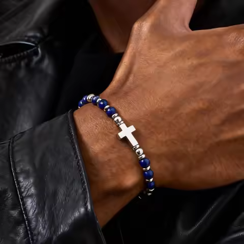 Trendy Men's Natural Stone Beaded Bracelet,Classic Unique Cross Charms Chain Wristband,Bohemian Styl