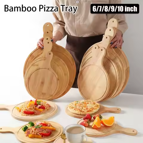 6/7/8/9/10 Inch Bamboo Wooden Pizza Board Round with Handle Pizza Baking Tray Pizza Stone Cutting Bo