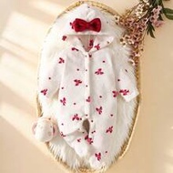 Newborn Baby Girl Sweet Princess Style One-Piece Jumpsuit, Flannel Knit Fabric, White Base With Red 