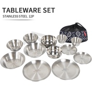 CLS 16pcs/12pcs Tableware 4 person Family Portable Stainless Steel Dish Set for Outdoor Camping Stor
