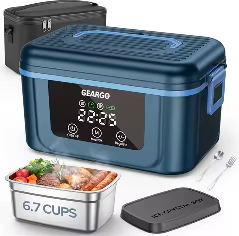 Cordless Electric Lunch Box,1.6L 24000mAh Rechargeable Heated Lunch Box with Ice Crystal Box,24 Hour