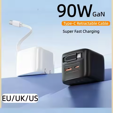 90W USB PD Fast Charger With Type-C Retractable Data Fast Charging Cable For iPhone Huawei Xiaomi Sa