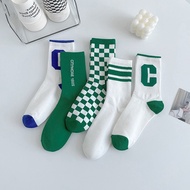 [READY STOCK🇲🇾] Women's/Girls Middle Tube Socks Korean Style 100% cotton Green/Blue Socks 袜子女中筒袜 100%纯棉 绿色蓝色棋盘格袜女