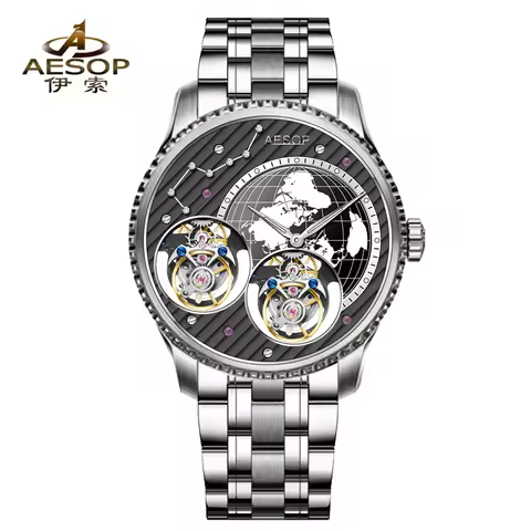 AESOP Double Flying Tourbillon Movement Skeleton Mechanical Watch for Men Top Brand Luxury Waterproo
