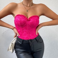 Y2k Hot Girl Sweet Cool Pure Desire Little Red Book Collision Style Rose Red High-End Ruffled Tube Top Slim-fit Bodysuit Camisole Vest Short Top Inner Wear Outer Wear Beautiful Back Underwear-free Bra Fishbone Bra Sports Leisure Nightclub Wrapped Breast E