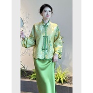 New Chinese Style Green Jacquard Shirt Chinese Style Pair Cardigan Hanfu 2025 New Style Tassel Plate