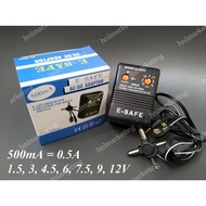 E SAFE UNIVERSAL AC DC ADAPTOR 500mA 1.5V 3V 4.5V 6V 7.5V 9V 12V