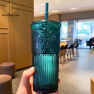 Starbucks Tumbler Green Starbucks Cup Classic Dark Green Glass Cup with Straw Cup Large Capacity 550ml
