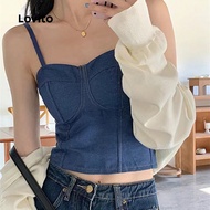 Lovito Casual Denim Top Cold Shoulder Spring/summer Dark Blue Denim Top for Women LNA109052 Lovito A