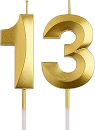 13th Birthday Candles, Gold 3D Number 13 Happy Birthday Candle Cake Topper Decorations for Teenagers