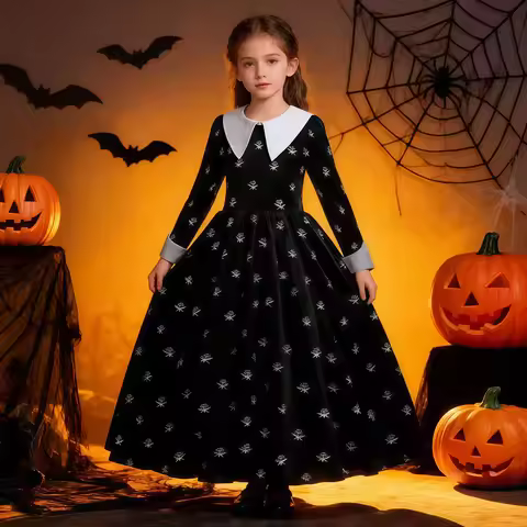 Vinagte Gothic Black Dress Girls Tv Series Role Playing Costume For Children Carnival Halloween Fami