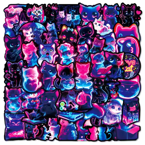 56PCS Neon Cat Graffiti Stickers Cool Colorful Lights Cartoon Cat Skateboard Decoration Stickers For