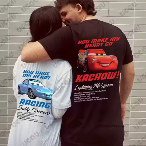2026 Summer New Lightning Mcqueen & Sally Print Valentine's Day Couple Tshirt For Women Men Short Sl