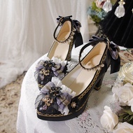 รองเท้าส้นสูงหุ้มข้อผ้าฝ้ายสไตล์วินเทจทำมือ Original One Night Story Lolita Nine Song Bridal Shoe Fl