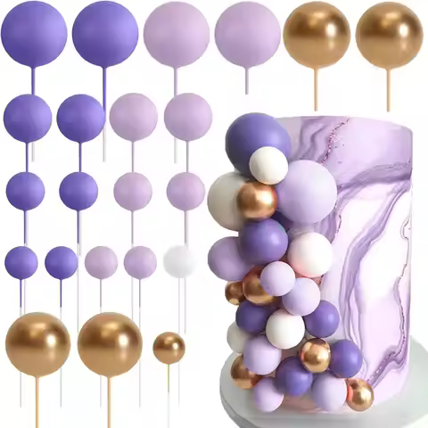 30Pcs Lavender Balls Cake Topper Metal Gold White Lotus Purple Cake Balls Toppers for Birthday Weddi