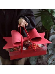 一個新鮮花果禮盒，聖誕玫瑰禮盒，PVC花藝裝飾，透明可摺疊蛋糕盒，帶蝴蝶結手柄