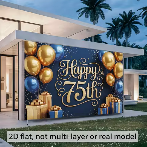 1pc Happy 75th Birthday Party Banner - Large Polyester Wall Hanging Decoration with Golden Lettering