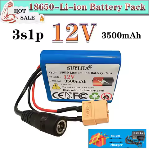 12V 3500mAh 100% new 3S1P protection board 12V 3.5Ah battery 18650 lithium ion DC 12.6V rechargeable