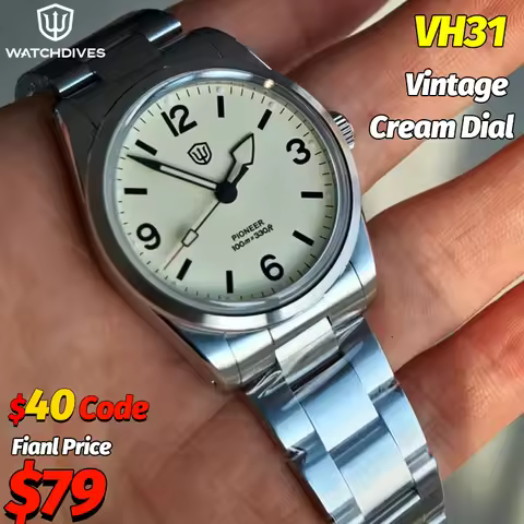 Watchdives WD1960S V2 Men Watch Cream Dial VH31 Sweep Quartz Watch AR K1 Sapphire 100M Waterproof Lu